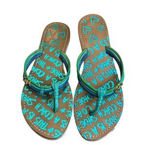 Coach Molly Flip-Flop Sandals Etched Footbed Heart Teal Blue Size 9 Women's